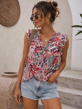 Knox Rose Blouse Floral Print Ruffle Sleeveless Top Size M